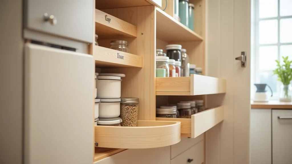 Kitchen cabinets with pull-out drawers, tiered shelving, and clearly labeled storage containers for food items
