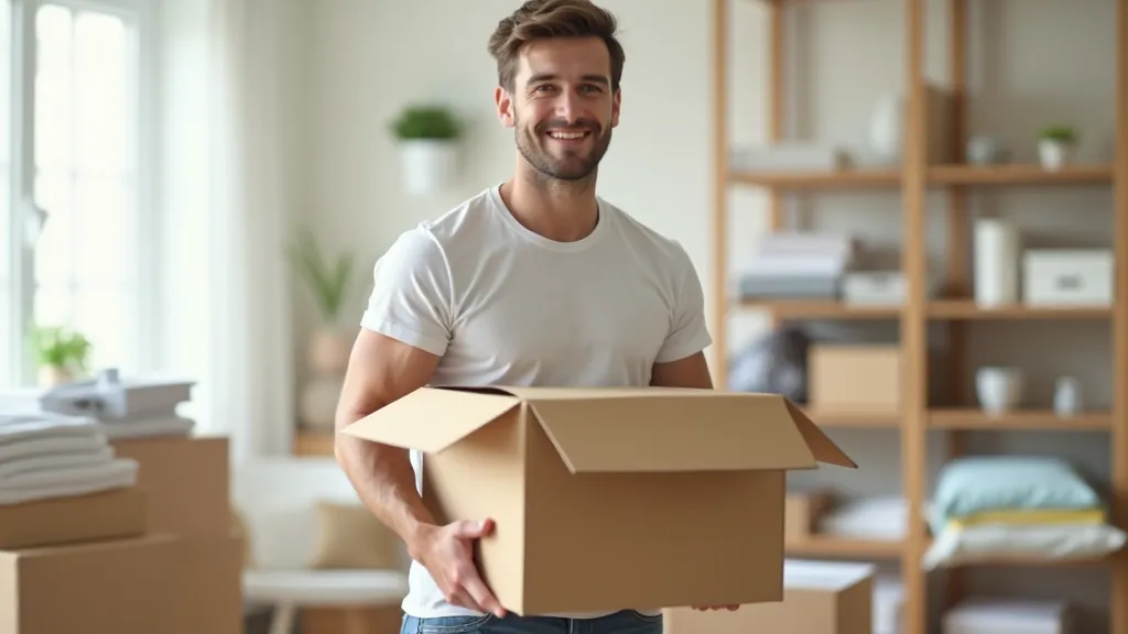 Person holding cardboard donation box surrounded by organized piles of items ready for charity collection