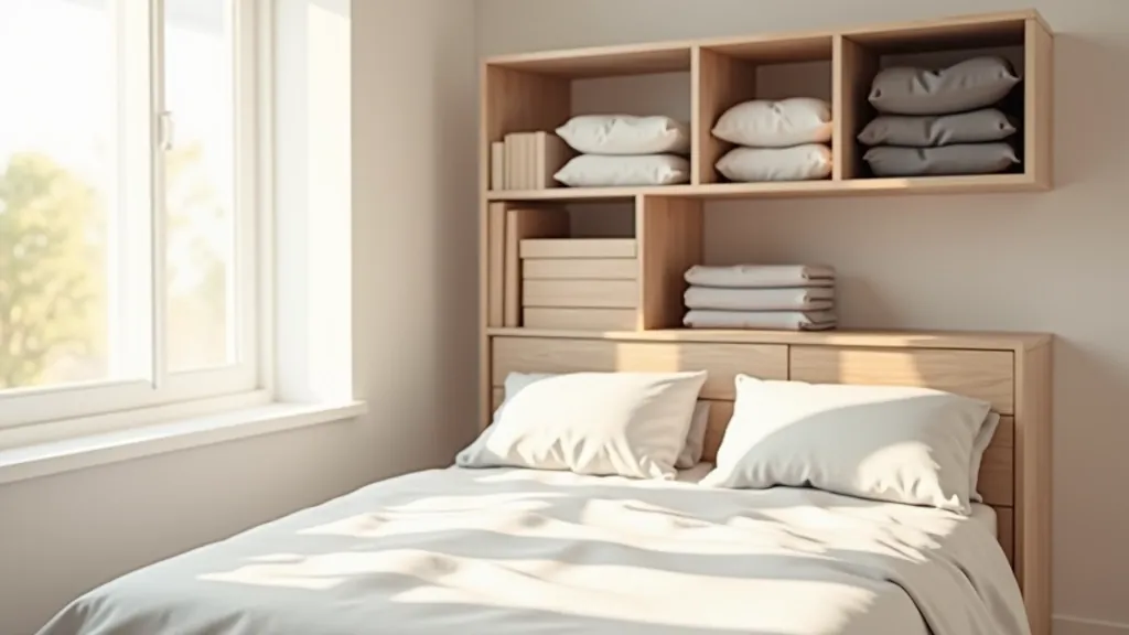 Organized home interior with decluttered bedroom shelves and neatly arranged items in morning natural light