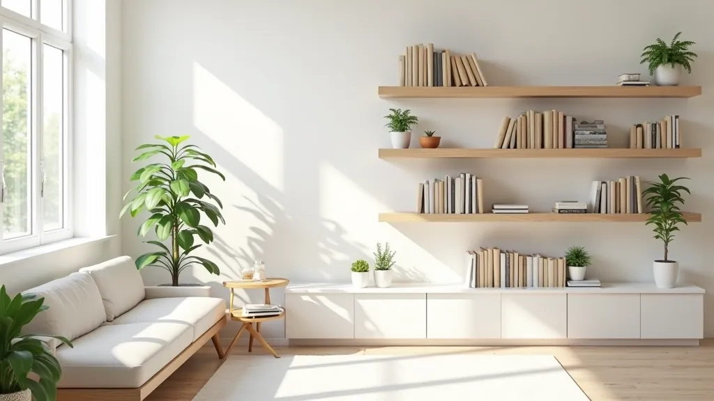 Modern living room with minimal furniture, organized shelving with books and decorative items on white walls with natural daylight