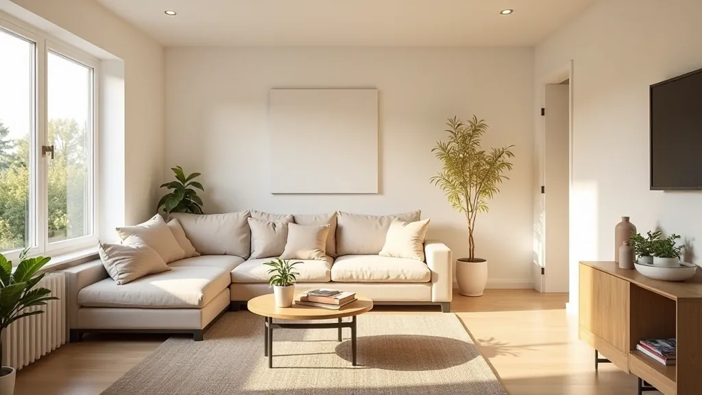 Organized living room with clear surfaces, properly arranged furniture, and functional storage solutions in modern home
