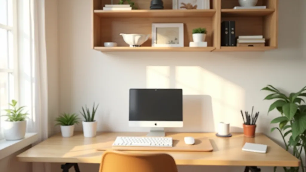 Organized home office with desk, shelving, and labeled storage boxes arranged efficiently
