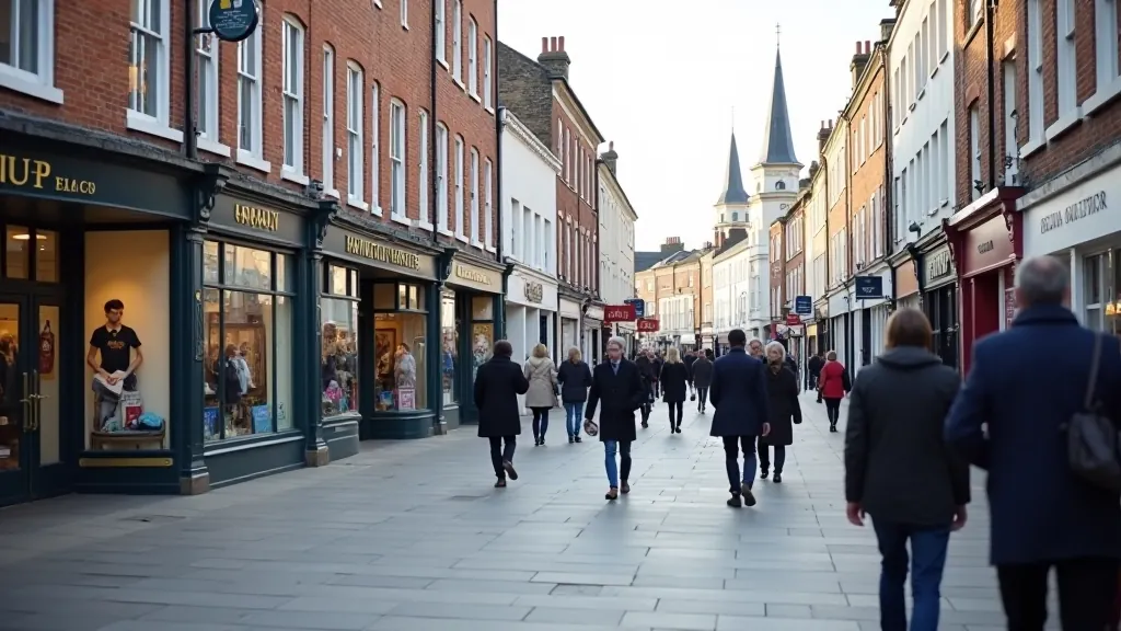 Street view of multiple charity shop storefronts on typical British high street with various shop signs