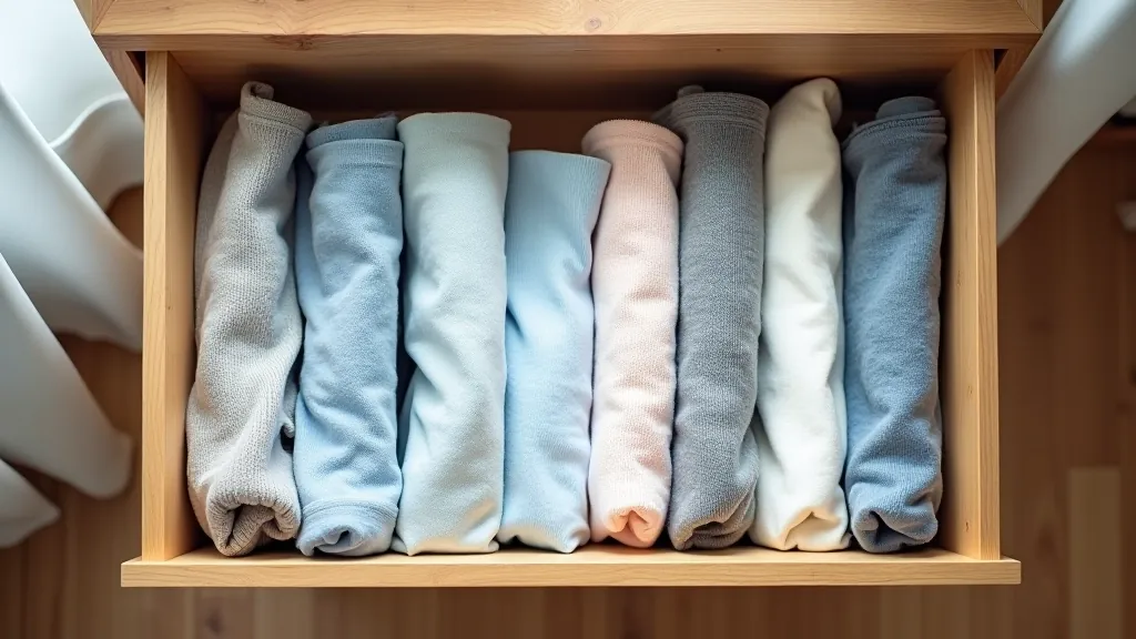 Neatly folded clothes in drawer arranged vertically using KonMari folding method with soft natural lighting