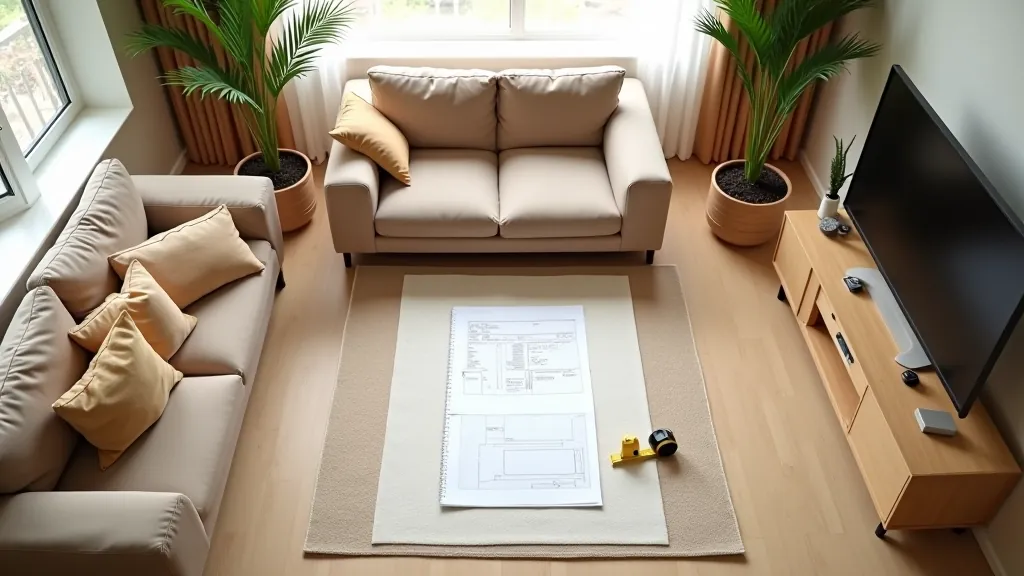 Living room floor plan sketch with furniture placement zones and measurements marked