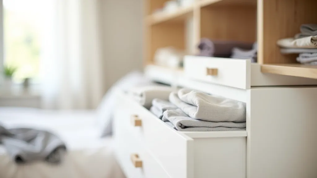 Organised bedroom with folded clothes and clear storage