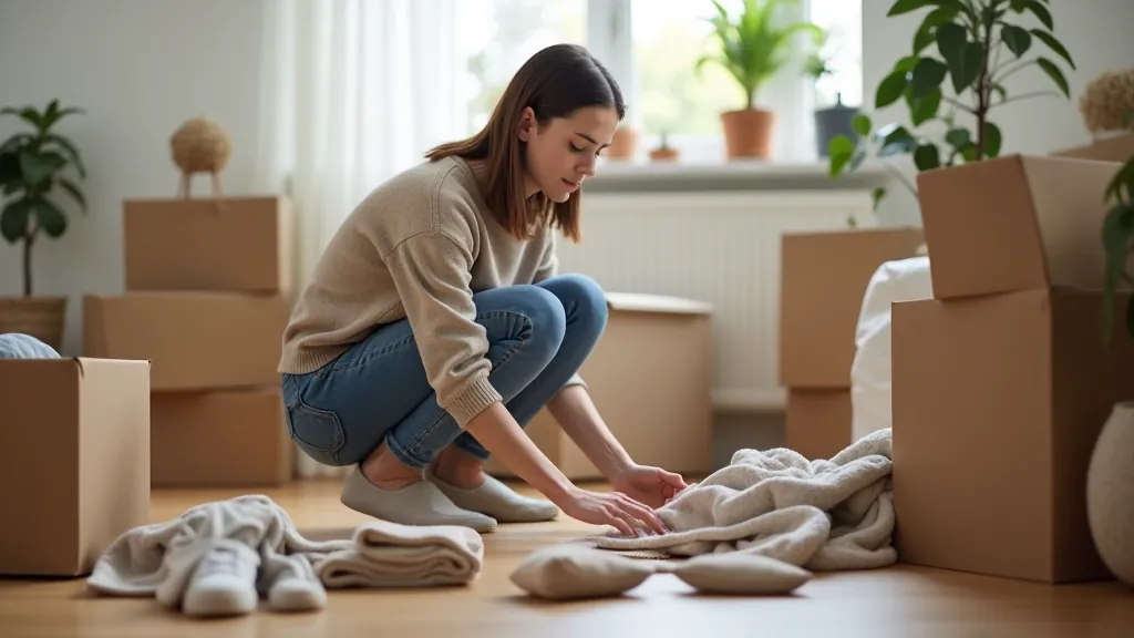 Person organizing items into three separate piles on a clean floor for categorizing belongings