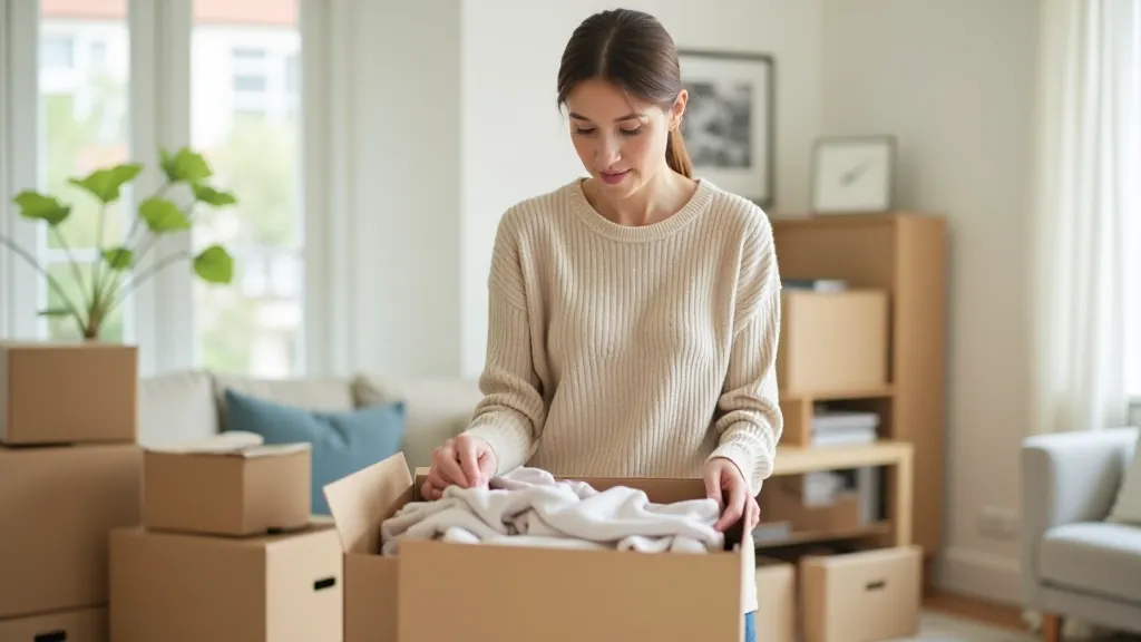 Person sorting clothing and household items into donation boxes in bright living room