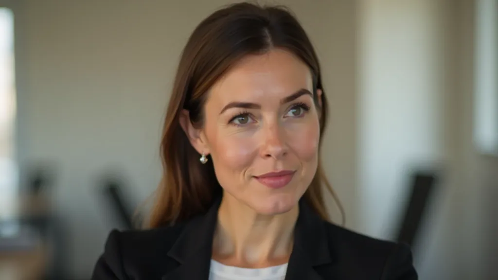 Professional portrait of woman with thoughtful expression, office setting background, headshot composition
