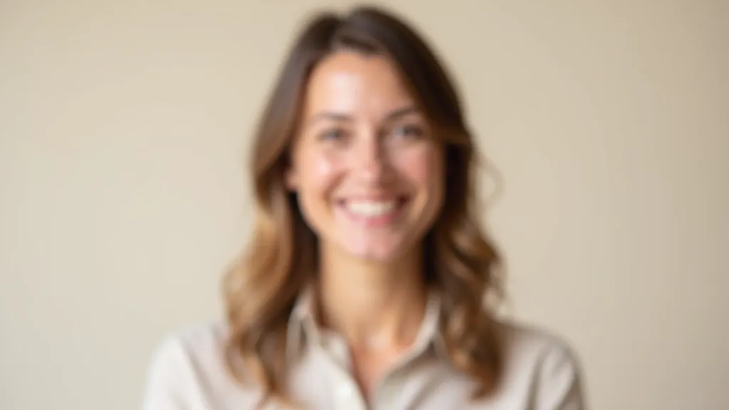 Professional portrait of woman with warm smile, neutral background, chest up shot for professional profile